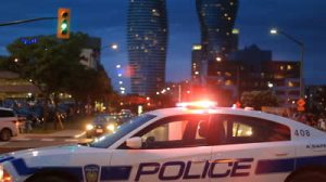 stock-footage-police-car-mississauga-a-police-car-blocking-traffic-during-an-event-in-downtown-mississauga